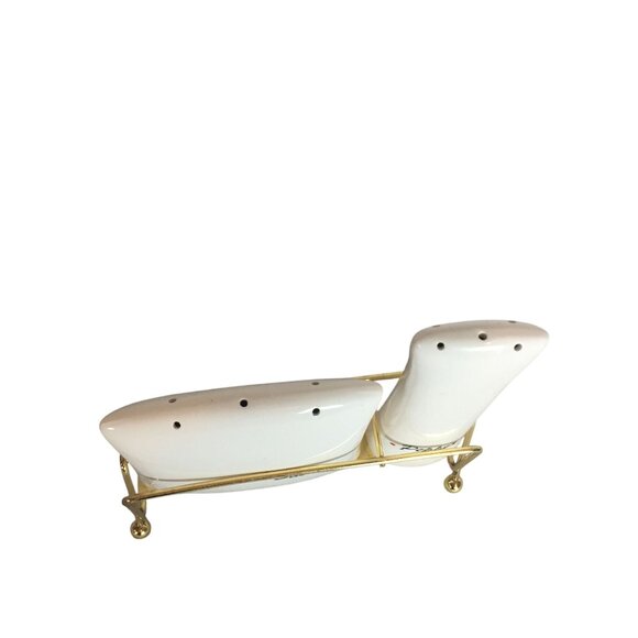 VTG MCM Ceramic Salt & Pepper Shakers With Gold Metal Stand Japan - Picture 3 of 13